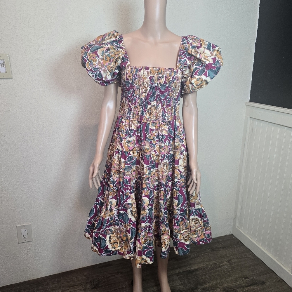 Listicle Floral Dress Medium Puff Sleeve Square Neck Cottagecore Romantic Size L
